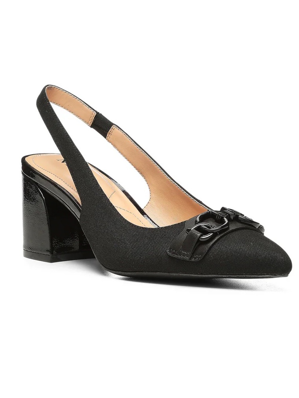 NYDJ Sanya Slingback Point Toe Heels Blacklast Denim Black Buckle Size 9